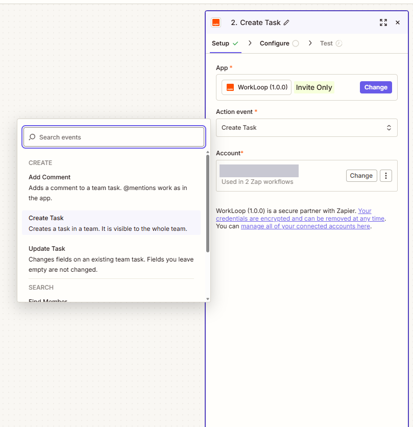 The Zap editor Setup tab for WorkLoop with Create Task chosen as the action event and a connected account, next to the list of WorkLoop events